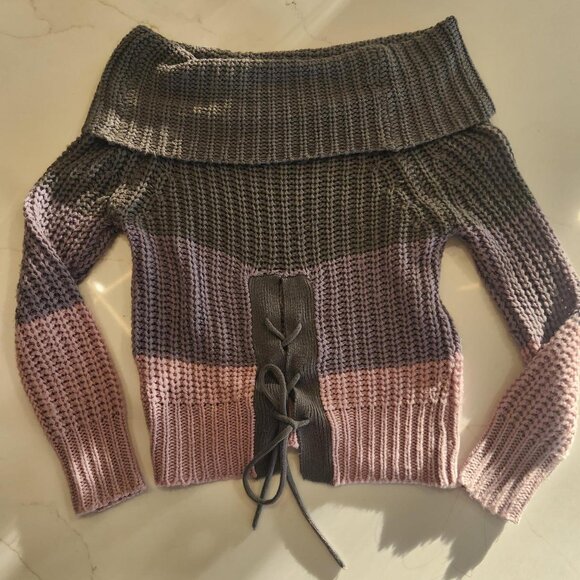 Rare Derek Heart Sz S off-shoulder Chunky Knit Sweater Pink Gray Tie Back Chic - Picture 5 of 10
